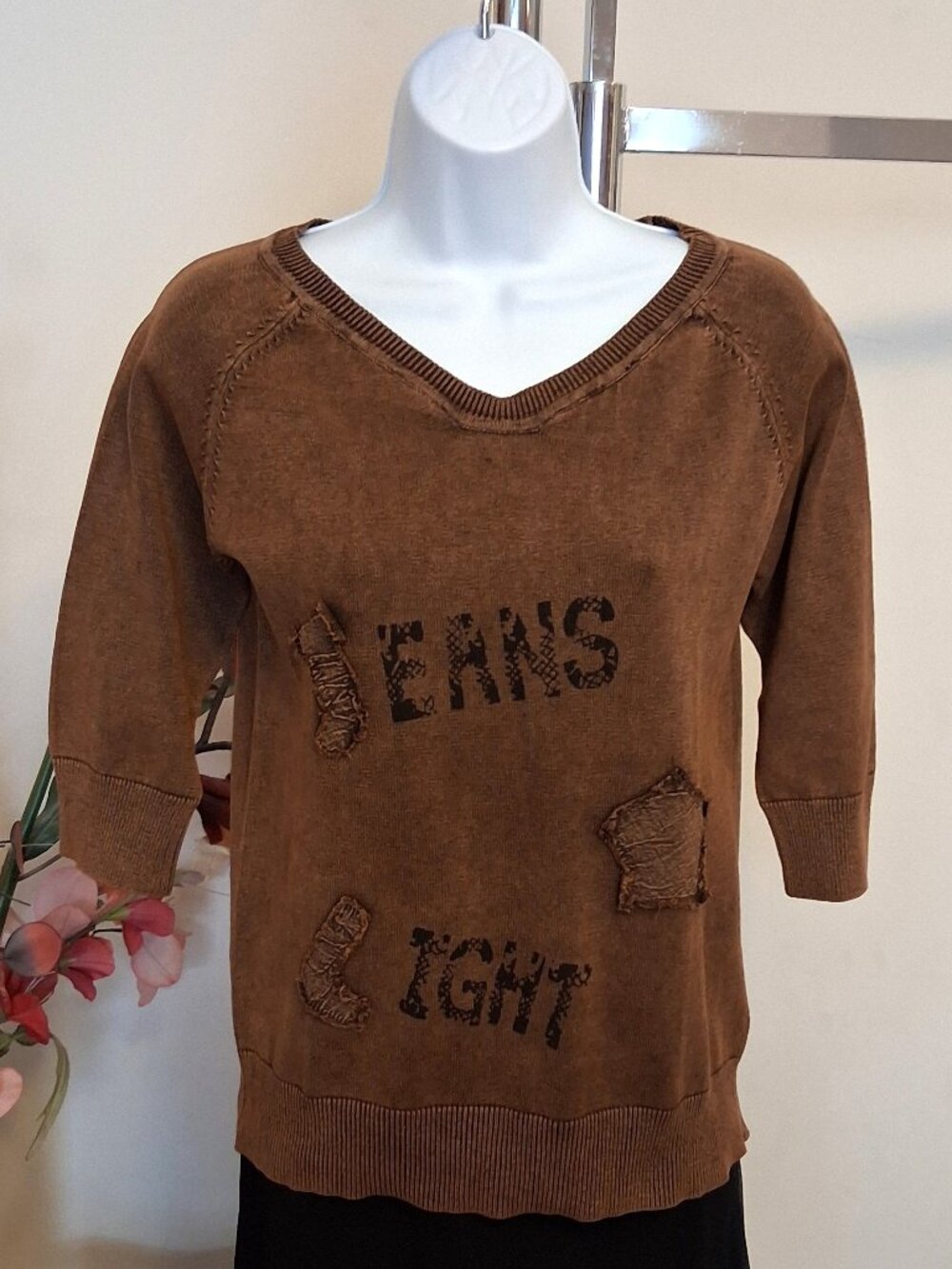 Soft Knit 100% Cotton Cardigan Sweater ¾ Sleeves Size S Brown